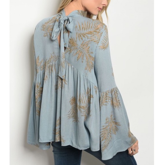 Blue Tan Floral Choker Neck Babydoll Blouse Top - Picture 2 of 3